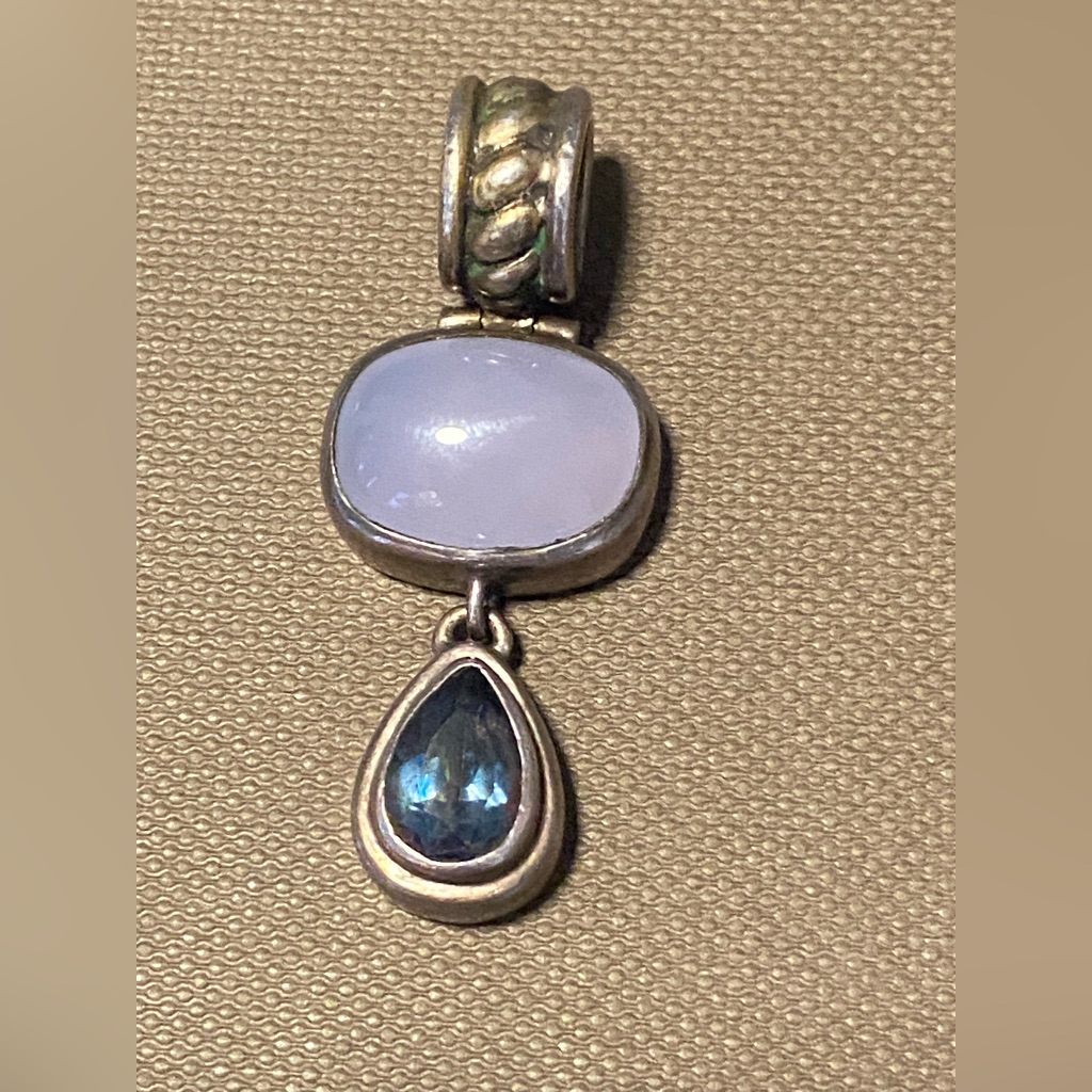 Vintage Lori Bonn Sterling Silver Pendant Blue Chalcedony Stone Faceted Iolite